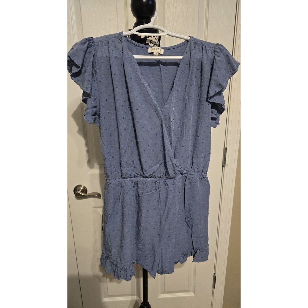Umgee Romper Womens M Muted Blue Flare Ruffle Sleeve Boho Hippie Lined Shorts